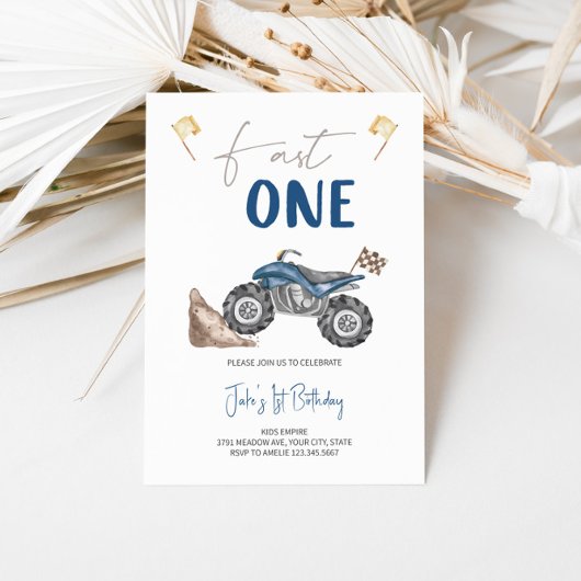 Blue Quad Bike 'Fast One' Verjaardag uitnodiging