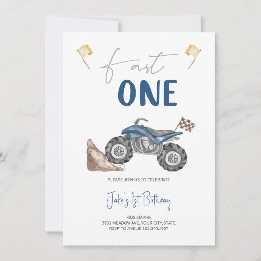 Blue Quad Bike 'Fast One' Verjaardag uitnodiging (Voorkant)