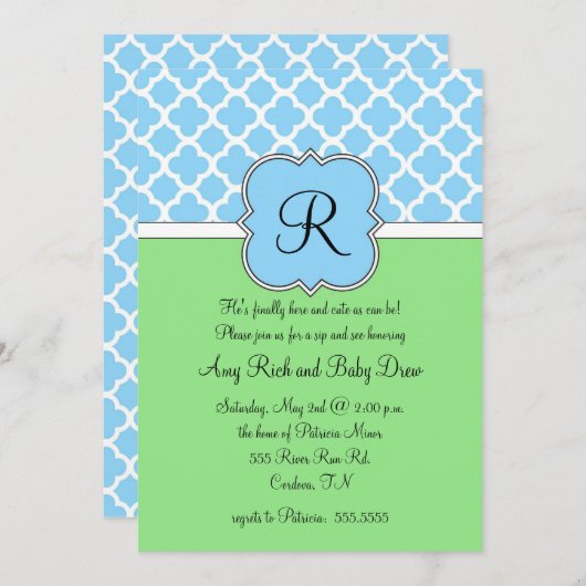 Blue Quatrafoil Monogram Sip en Zie uitnodiging (Voorkant / Achterkant)