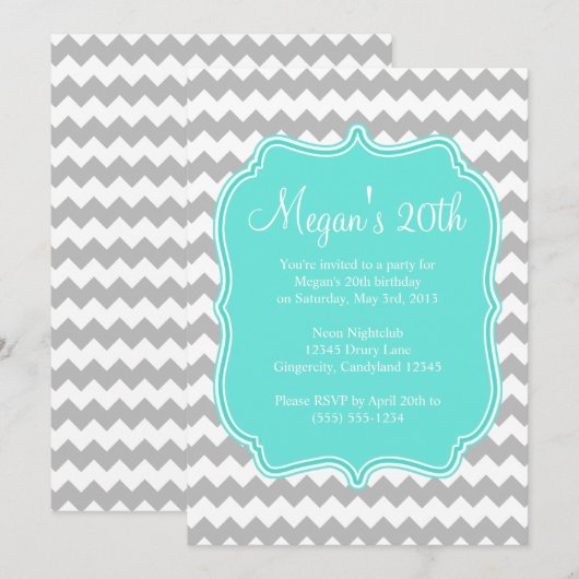Blue Quatrefoil Chevron Birthday Uitnodiging (Voorkant / Achterkant)