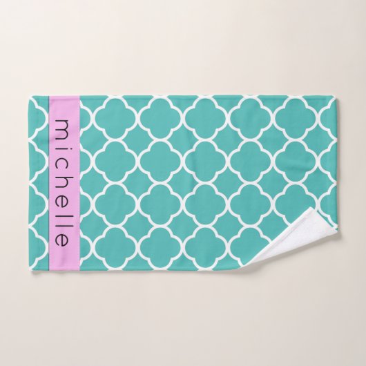 Blue Quatrefoil, Moroccan Trellis, Jouw naam Bad Handdoek (Handdoek)