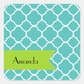 Blue Quatrefoil, Moroccan Trellis, Jouw naam Vierkante Sticker (Voorkant)