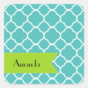 Blue Quatrefoil, Moroccan Trellis, Jouw naam Vierkante Sticker