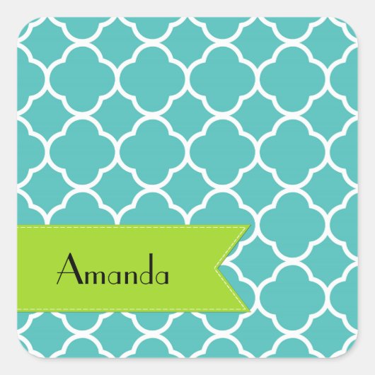 Blue Quatrefoil, Moroccan Trellis, Jouw naam Vierkante Sticker (Voorkant)