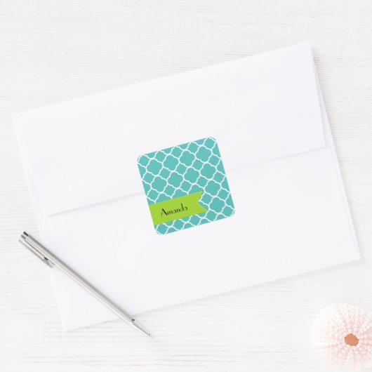Blue Quatrefoil, Moroccan Trellis, Jouw naam Vierkante Sticker (Envelop)