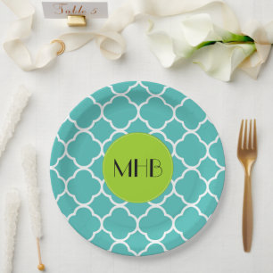Blue Quatrefoil, Moroccan Trellis, Monogram Papieren Bordje