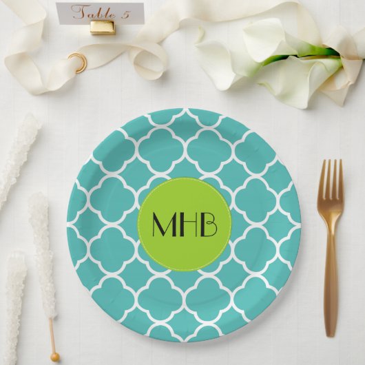 Blue Quatrefoil, Moroccan Trellis, Monogram Papieren Bordje (Huwelijk)