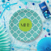 Blue Quatrefoil, Moroccan Trellis, Monogram Papieren Bordje (Feest)