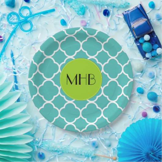 Blue Quatrefoil, Moroccan Trellis, Monogram Papieren Bordje (Feest)