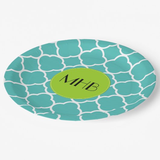 Blue Quatrefoil, Moroccan Trellis, Monogram Papieren Bordje (Gekanteld)