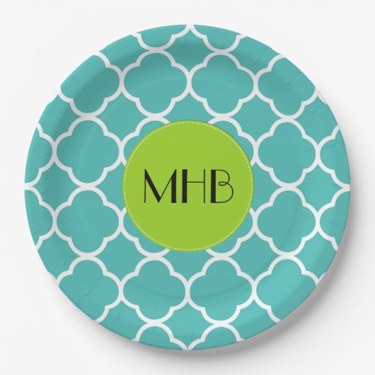 Blue Quatrefoil, Moroccan Trellis, Monogram Papieren Bordje (Voorkant)
