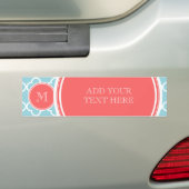 Blue Quatrefoil Pattern, Coral Monogram Bumpersticker (Op auto)