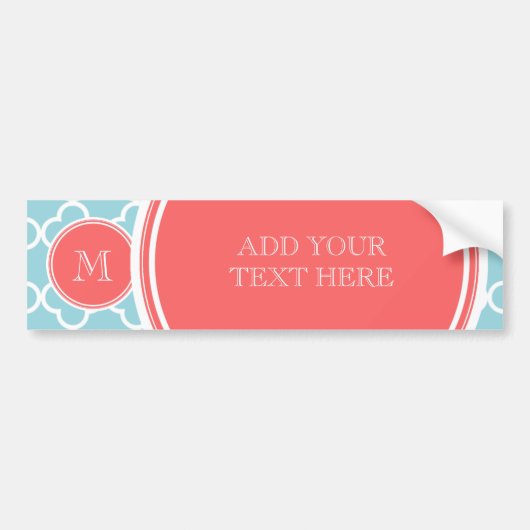 Blue Quatrefoil Pattern, Coral Monogram Bumpersticker (Voorkant)