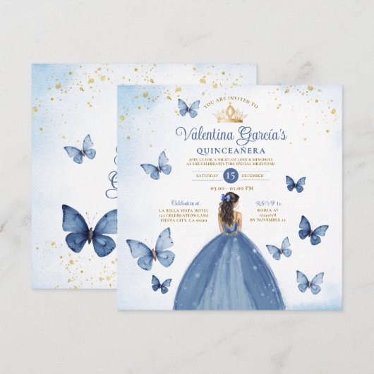 Blue Quinceañera 15 Anos Butterfly Gold Glitter Kaart (Voorkant / Achterkant)