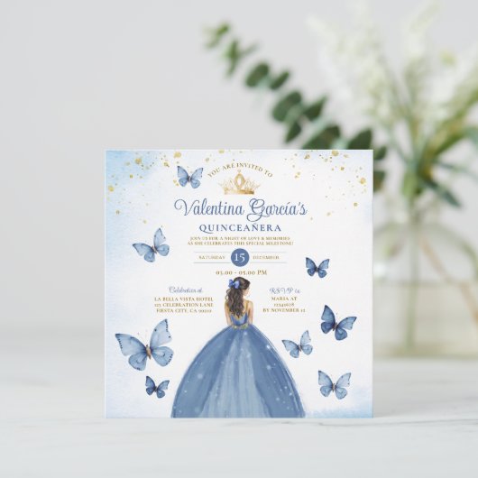 Blue Quinceañera 15 Anos Butterfly Gold Glitter Kaart (Staand voorkant)