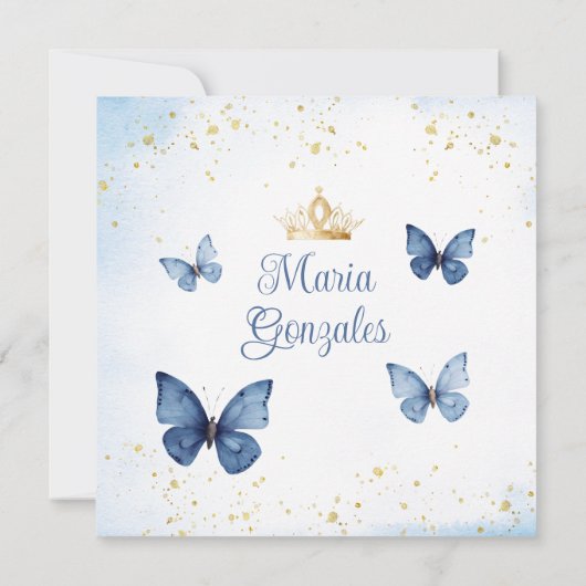 Blue Quinceañera 15 Anos Butterfly Gold Glitter Kaart (Achterkant)