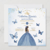 Blue Quinceañera 15 Anos Butterfly Gold Glitter Kaart (Voorkant)
