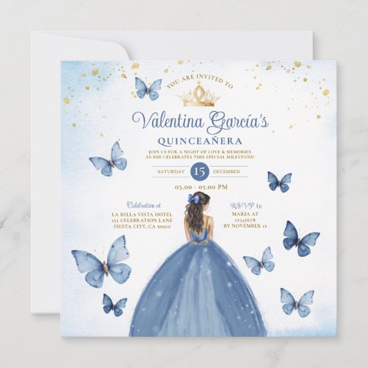 Blue Quinceañera 15 Anos Butterfly Gold Glitter Kaart (Voorkant)