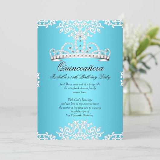 Blue Quinceanera 15th Birthday Party Tiara 3 Kaart (Staand voorkant)