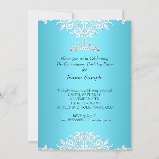 Blue Quinceanera 15th Birthday Party Tiara 3 Kaart (Achterkant)