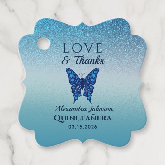 Blue Quinceañera Butterfly Dank u Bedankjes Labels (Voorkant)