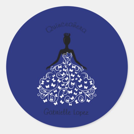 Blue Quinceanera Butterfly Gown Envelope Seals Ronde Sticker (Voorkant)