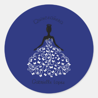Blue Quinceanera Butterfly Gown Envelope Seals Ronde Sticker