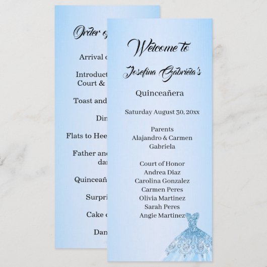 Blue Quinceanera double side program card  Programmakaart (Voorkant / Achterkant)