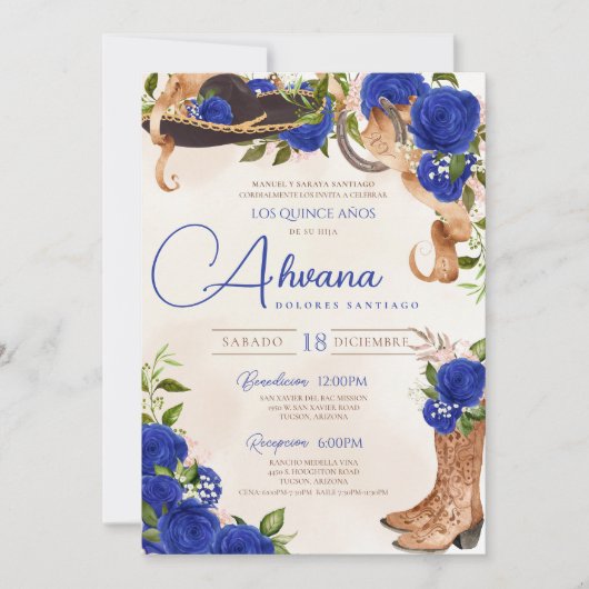 Blue Quinceanera Rozen  Charro Western Kaart (Voorkant)