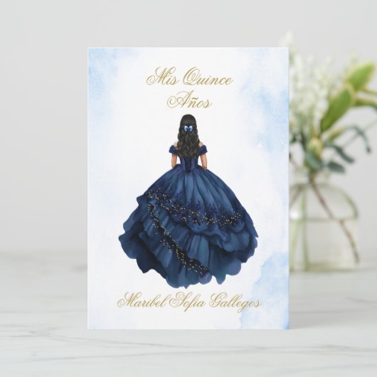 Blue Quinceanera uitnodiging in het Spaans (Staand voorkant)