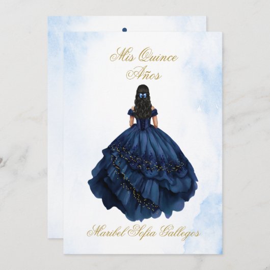 Blue Quinceanera uitnodiging in het Spaans (Voorkant / Achterkant)