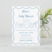 Blue Quirky Hand Drawn Wavy Lijst Boy Baby shower Kaart (Staand voorkant)