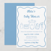 Blue Quirky Hand Drawn Wavy Lijst Boy Baby shower Kaart (Voorkant / Achterkant)