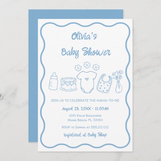 Blue Quirky Hand Drawn Wavy Lijst Boy Baby shower Kaart (Voorkant / Achterkant)