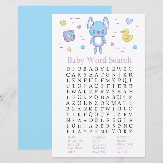 Blue Rabbit Baby shower Word Search Game (Voorkant / Achterkant)