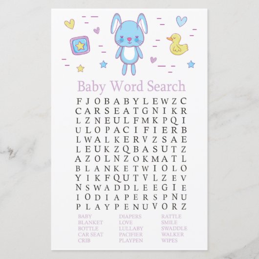 Blue Rabbit Baby shower Word Search Game (Voorkant)