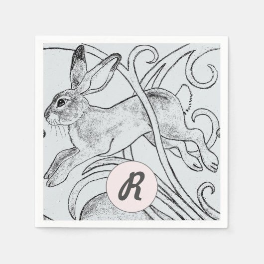 Blue Rabbit Bunny Hare Pasen Monogram Art Deco Servet (Voorkant)