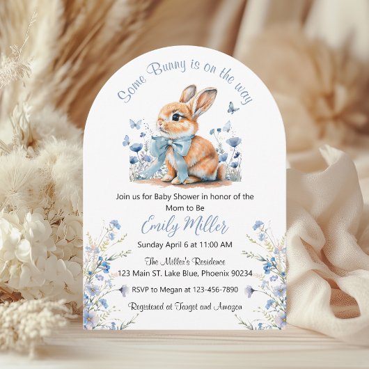 Blue Rabbit Bunny Wildflower Baby shower Kaart