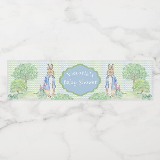 Blue Rabbit Gingham gepersonaliseerd Baby shower Waterfles Etiket (Enkel label)