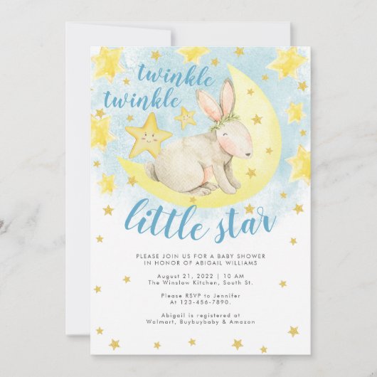 Blue Rabbit Gold Twinkle Little Star Baby shower Kaart (Voorkant)