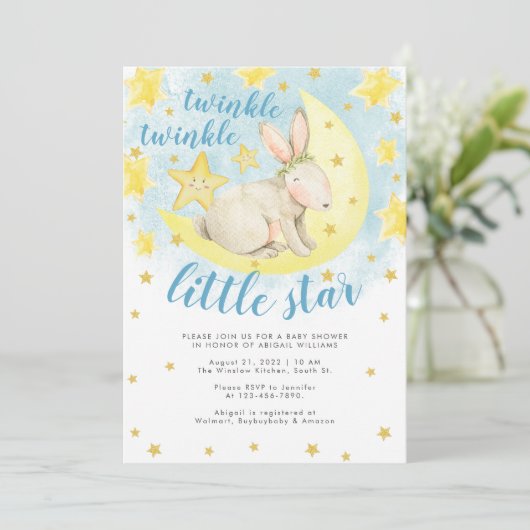 Blue Rabbit Gold Twinkle Little Star Baby shower Kaart (Staand voorkant)