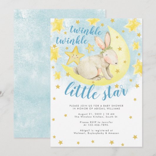 Blue Rabbit Gold Twinkle Little Star Baby shower Kaart (Voorkant / Achterkant)