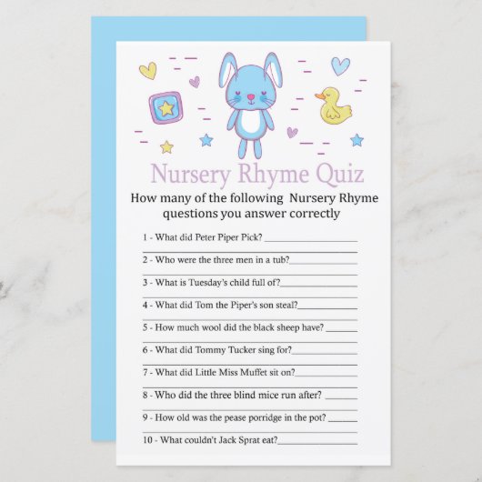 Blue Rabbit Nursery Rhyme Quiz baby shower game (Voorkant / Achterkant)