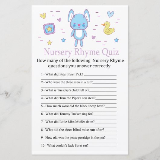 Blue Rabbit Nursery Rhyme Quiz baby shower game (Voorkant)