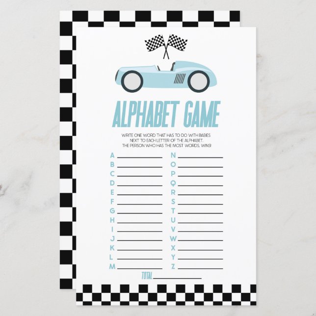 Blue Race Auto Alphabet Baby shower spel (Voorkant / Achterkant)