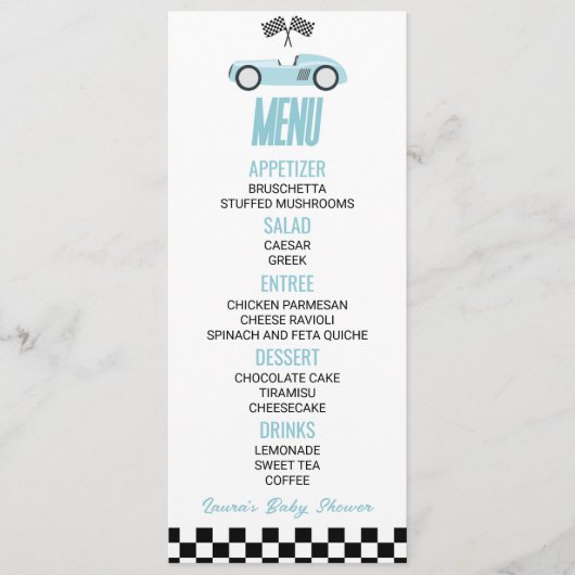 Blue Race Auto Baby shower Voedsel Menu (Voorkant)