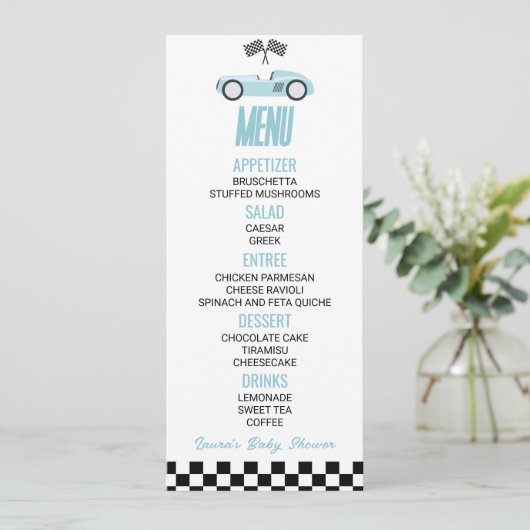 Blue Race Auto Baby shower Voedsel Menu (Staand voorkant)