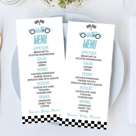 Blue Race Auto Baby shower Voedsel Menu