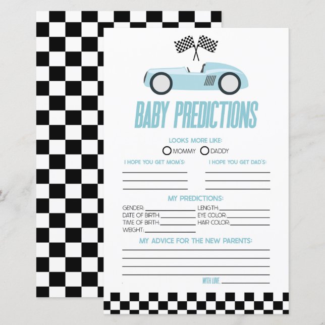 Blue Race Auto Baby shower Voorspellingen Spel (Voorkant / Achterkant)