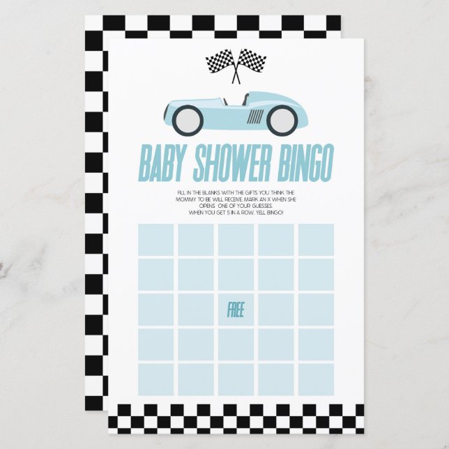 Blue Race Auto Bingo Baby shower Spel (Voorkant / Achterkant)